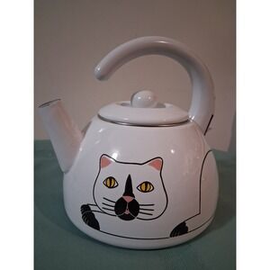Kamenstein Milo‎ Hess Cat Tea Kettle Vintage 1990 White Enamel Bird Whistle Pot